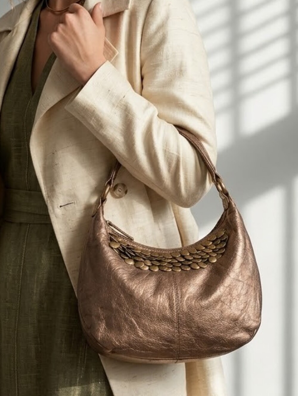 Franco Sarto Metallic Bronze Hobo Bag Coin Trim Slouchy Boho Shoulder Glam Purse